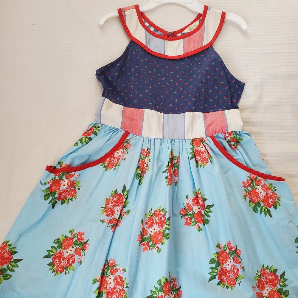 Matilda Jane Blue Floral Pocket Dress with Red Accents